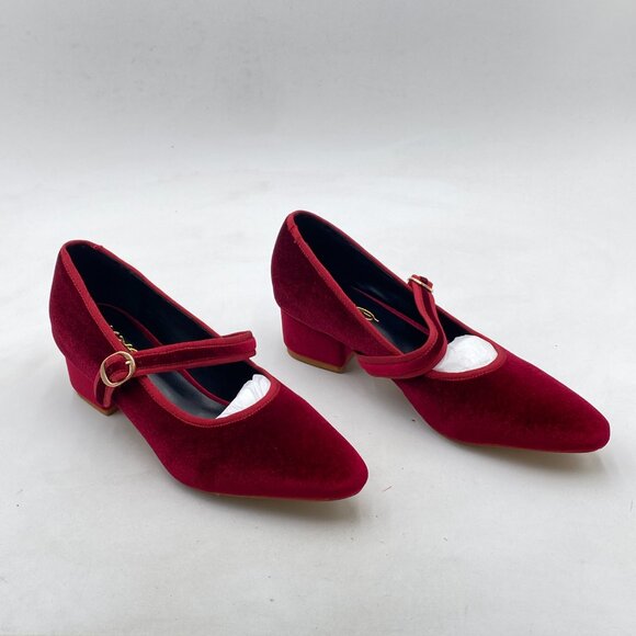XYD Wine Elegant Velvet Pointed Toe Mary Jane Pumps Chunky Heel Slip On Shoes - Picture 1 of 7